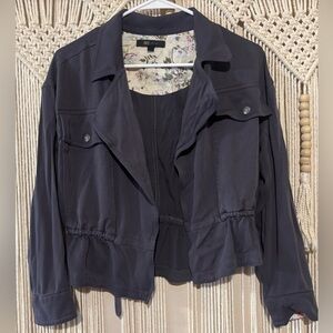 Frye Women’s Utility Jacket Size Small Navy Flip Cuff Sleeves Floral Lining